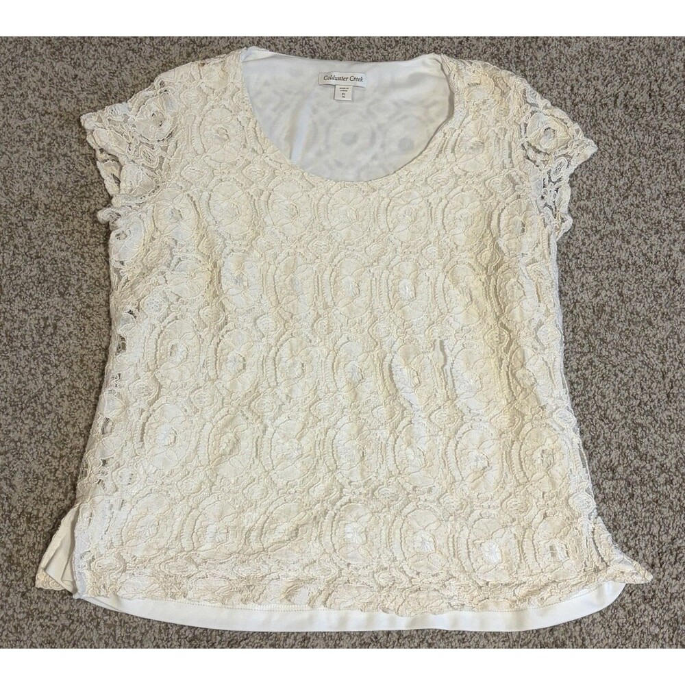 Women's Coldwater Creek Cream Lace Short Sleeve Shirt, Size XL